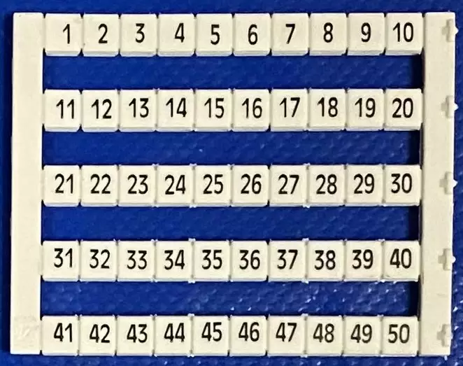 Riviliitin ja ECS-MK-Basic liitinten merkkausnumerot pieni-arkkki jossa numerosarja 1-50 DY 5 (1-50) hinta on per merkki (=50x) - Riviliitintarvikkeet - 1901576-505040 - 2