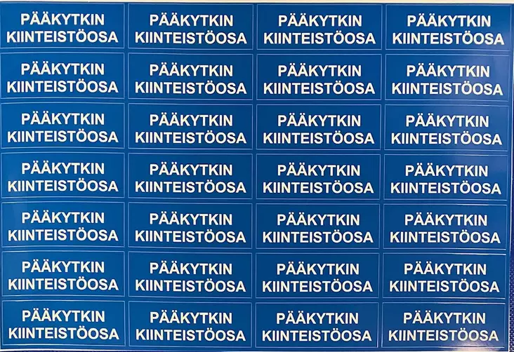 Tarra Pääkytkin Kiinteistöosa 25*70 mm 28kpl arkilla Sininen tarra valkoisella tekstillä - A4 4-väri Muotoonleikatut tarrat  - TARPAAkytkin10 - 1