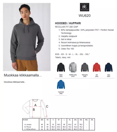 B&C Huppari, navy koko XS - Vetoketjuttomat miesten hupparit - WU-620-003-1 - 2