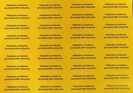 Tarra Pääkytkin EI Katkaise jännitettä kwh-mittarilta 20*70mm 36kpl/arkki Keltainen tarra jossa musta painatus - A4 4-väri Muotoonleikatut tarrat  - TARPAAkytkin11 - 1