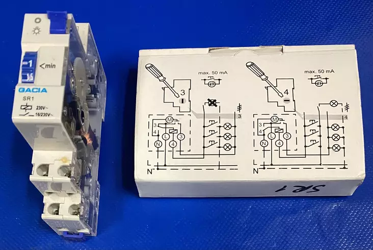 GACIA Porrasvaloautomaatti 1-7min. yhden din-moduulin levyinen 16A 240Vac/230Vdc 2,5mm²1,5Nm - Din-Moduuli porrasvaloautomaatit - SR1 - 1