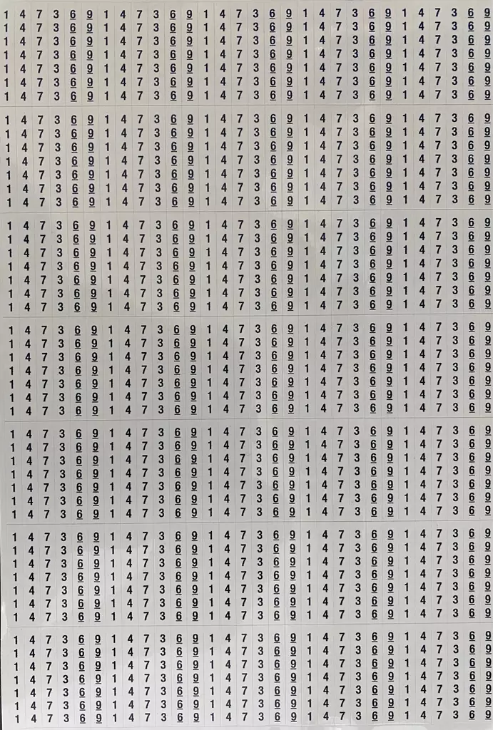 KWH-mittareiden johtimien numeromerkintä sarja 7*nrot 1, 4, 7, 3, 6 ja 9, tarrat tulevat arkkina jossa kaikkia numeroita on 35kpl, yhden tarran koko 6x38mm - A4 4-väri Muotoonleikatut tarrat  - TARKwh1 - 1