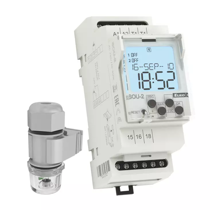 Hämäräkytkin DIN-kisko asenteinen 2-mod. 230Vac 16A, ulkoinen seinä anturi 1-100Lux/100-5000Lux ELKO e/p. - Hämäräkytkimet  - SOU-2 - 1
