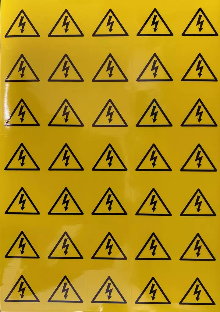 Tarra Jännite / vaara 40x40mm arkilla 35 kpl keltainen tarra musta teksti - A4 4-väri Muotoonleikatut tarrat  - TARJAnnite2 - 1