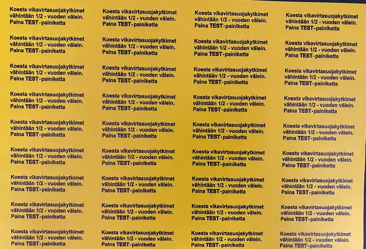 Tarra Koesta-VVS-kytkin Keltainen tarra musta teksti 20*70mm 36kpl arkilla - A4 4-väri Muotoonleikatut tarrat  - TARVVS2 - 1