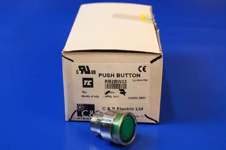 Merkkivalopainike 22mm Vihreä jousipal IP65 - 22mm HÄTÄ-Seis-, ohjaus- ja 1-0 painikke - RB2BW33 - 1