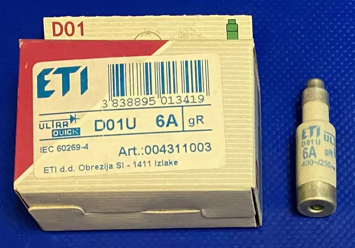 D01 6A gR 400V~ tai 250V- Erik.nop tulppavaroke - Erikoisnopeat tulppasulakkeet Neozed E14 - 3021154 - 1