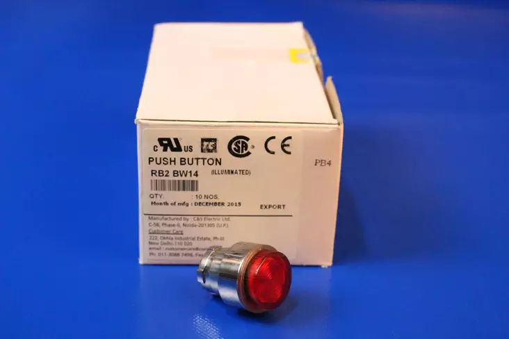 Merkkivalopainikekorotettu 22mm Pun jousipal IP65 - 22mm HÄTÄ-Seis-, ohjaus- ja 1-0 painikke - RB2BW14 - 1