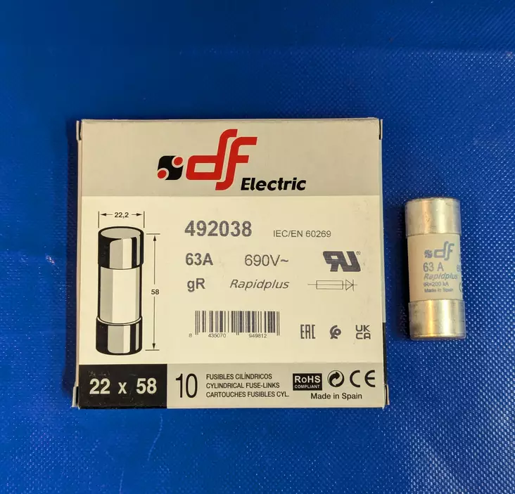 22*58 mm 63A 690V gR Putkivaroke iskurilla - Erikoisnopeat putkisulakkeet gR - 3121359-492038 - 1