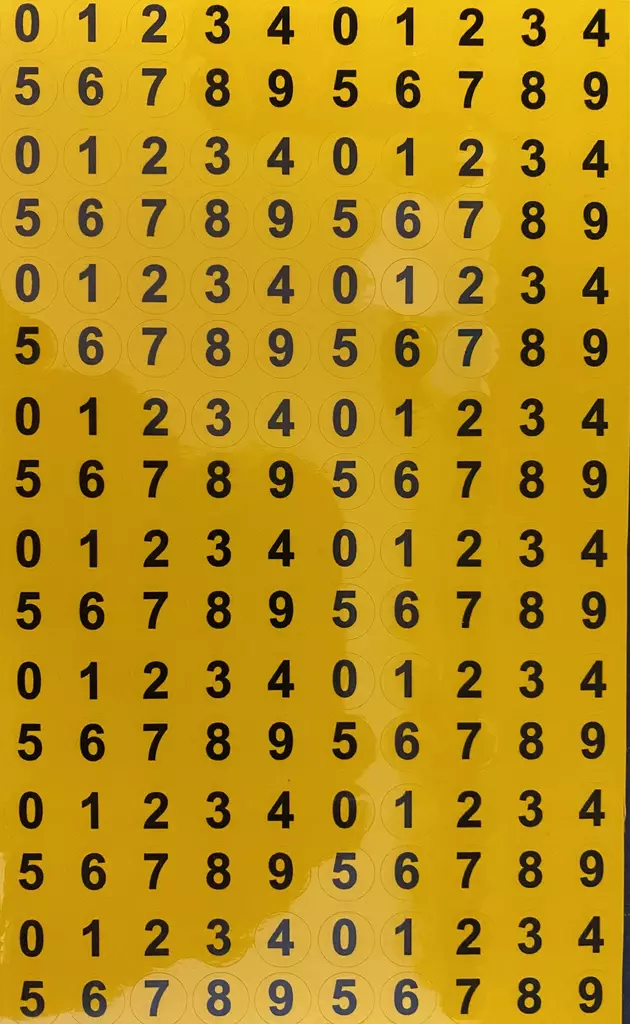 Pyöreät numerotarrat 0 1 2 3 4 5 6 7 8 9 (16x jokaistanroa/arkki)Keltainen pohja ja musta teksti, yhden tarran halkaisija 13mm - A4 4-väri Muotoonleikatut tarrat  - TAR0-9pyOreA - 1