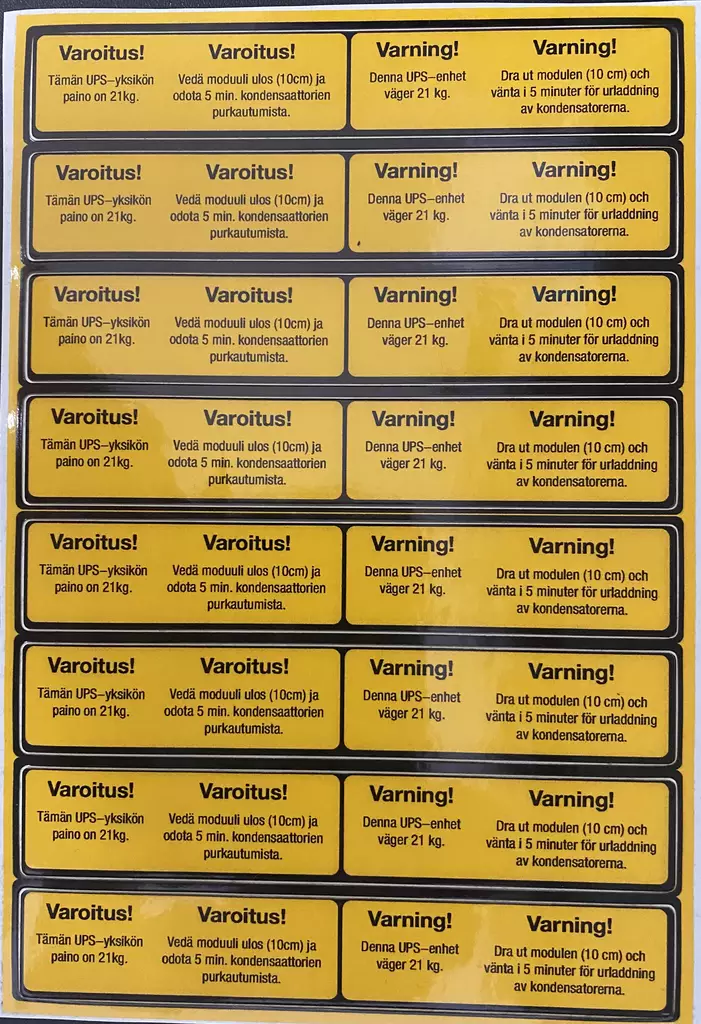Tarra Varoitus UPS yksikön paino 21kg - A4 4-väri Muotoonleikatut tarrat  - TarABBVaroitus21kg - 1