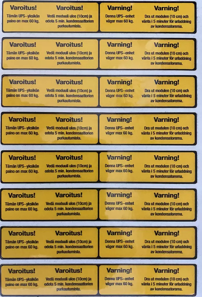 Tarra Varoitus / Varning UPS-yksikön paino 60kg - A4 4-väri Muotoonleikatut tarrat  - TARABBVaroitus60kg - 1