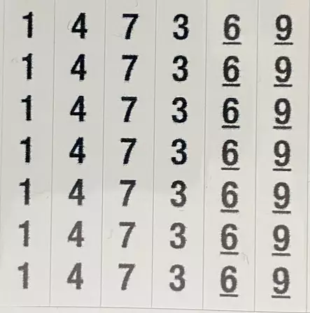 KWH-mittareiden johtimien numeromerkintä sarja 5*nrot 1, 4, 7, 3, 6 ja 9, tarrat tulevat liuskana jossa kaikkia numeroita on 5kpl, yhden tarran koko 6x38mm - A4 4-väri Muotoonleikatut tarrat  - TARliuskaKwh - 2