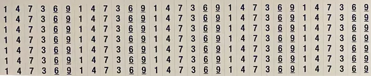 KWH-mittareiden johtimien numeromerkintä sarja 5*nrot 1, 4, 7, 3, 6 ja 9, tarrat tulevat liuskana jossa kaikkia numeroita on 5kpl, yhden tarran koko 6x38mm - A4 4-väri Muotoonleikatut tarrat  - TARliuskaKwh - 1