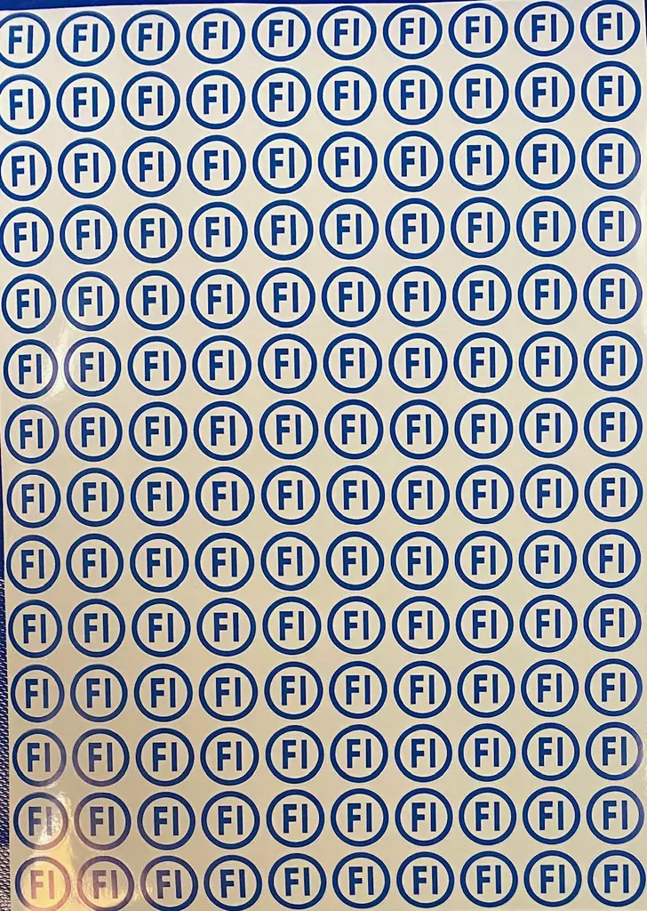 Tarra FI sininen teksti ja kehys valkoisella pohjalla - A4 4-väri Muotoonleikatut tarrat  - TARFI - 1