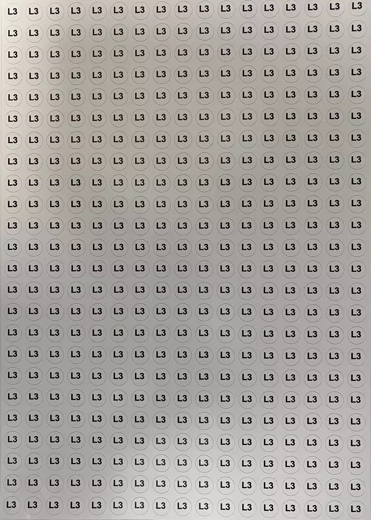 Tarra pyöreä L3 valkoinen / musta teksti 408kpl arkilla - A4 4-väri Muotoonleikatut tarrat  - TARL3PyOreAA4arkki - 1