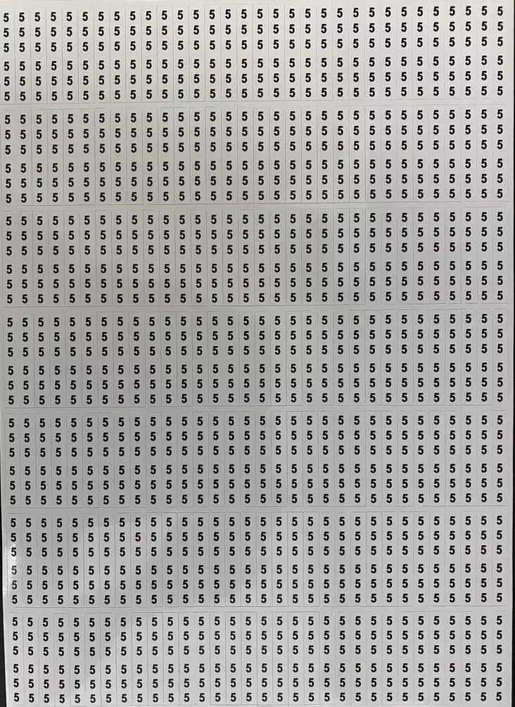 Tarra-arkki 224*(6x numero 5) 6*38 mm - A4 4-väri Muotoonleikatut tarrat  - TararkNro5x224kpl - 1