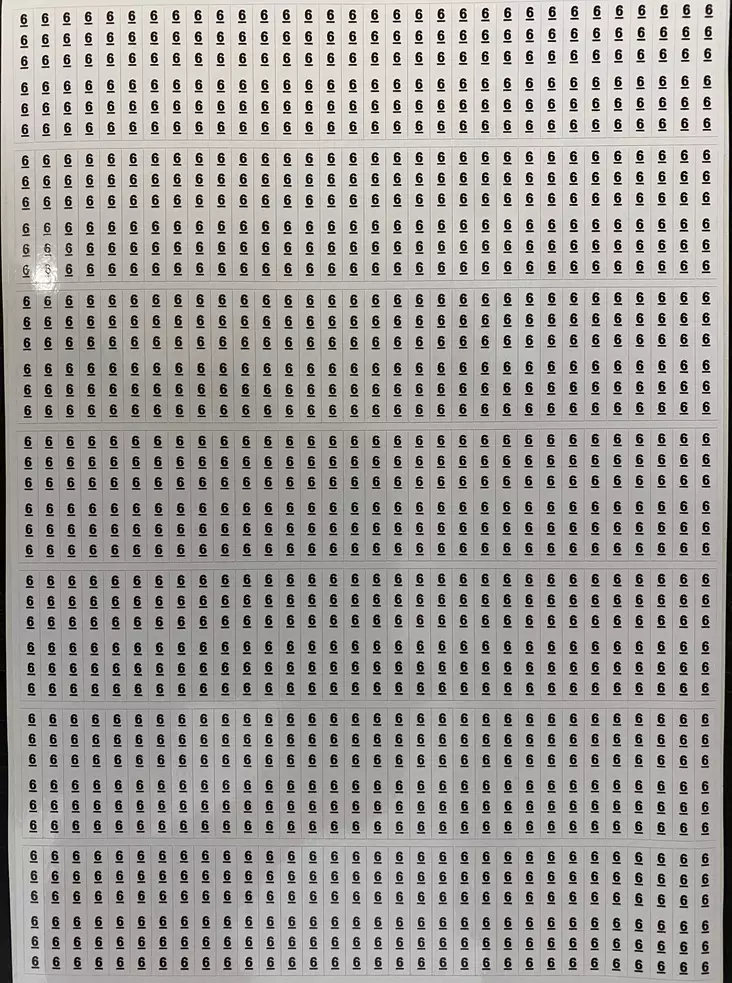 Tarra-arkki 224*(6x numero 6) 6*38 mm - A4 4-väri Muotoonleikatut tarrat  - TararkNro6x224kpl - 1