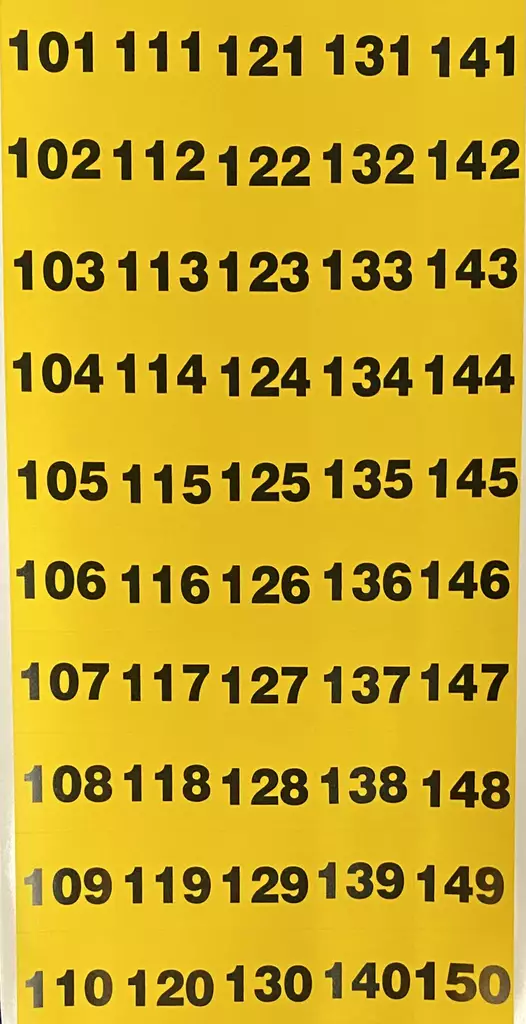 Keltainen numerotarra Musta nrot 101-150 - A4 4-väri Muotoonleikatut tarrat  - TAR101-150KeMu - 1