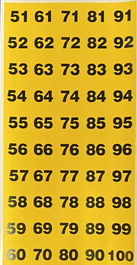 Keltainen numerotarra, Musta nrot 51-100 - A4 4-väri Muotoonleikatut tarrat  - TAR51-100KeMu - 1